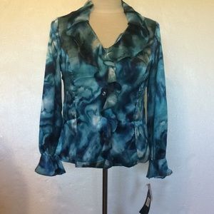 Jones New York Blue Green Ruffled Shirt PP XS P